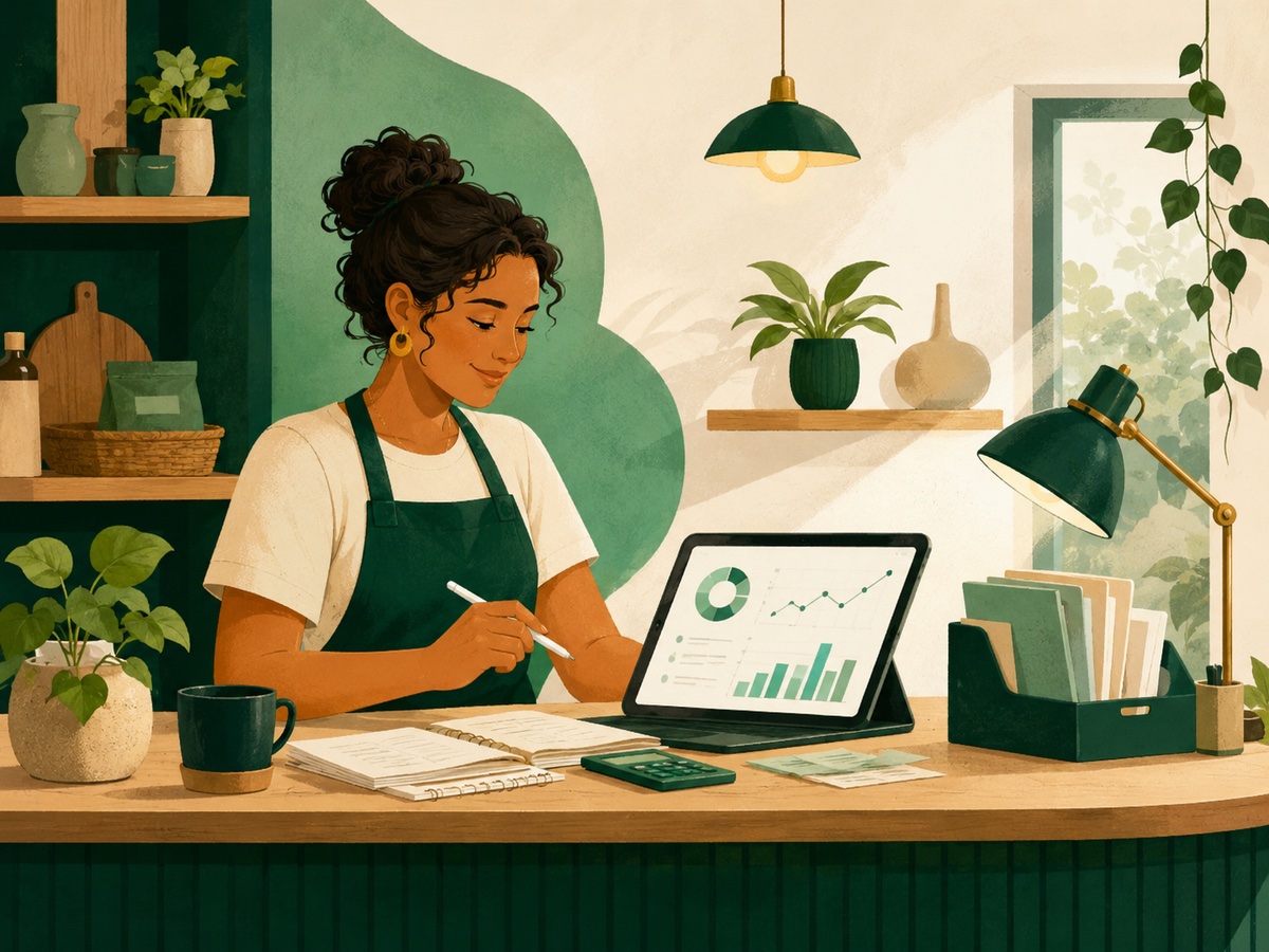 Empreendedora organizando as finanças do negócio com a wflux